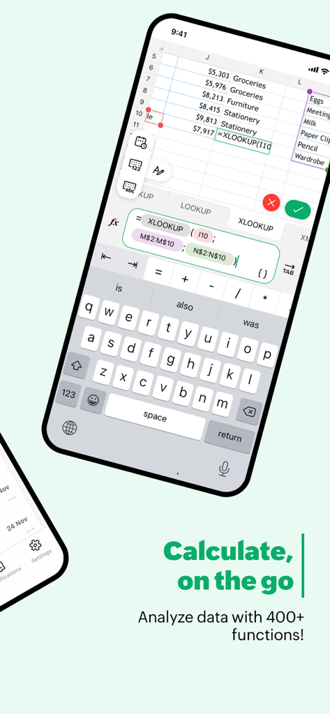 Zoho Sheet: Spreadsheet App - Zoho Sheetモバイルアプリのインターフェース。数式が編集されている表計算と、スマートフォンの画面上のデータ分析機能を表示しています。
