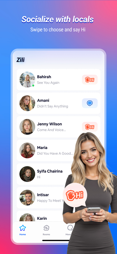 Zili - Zili mobile app interface for socializing with local people showing user profiles and a hi button