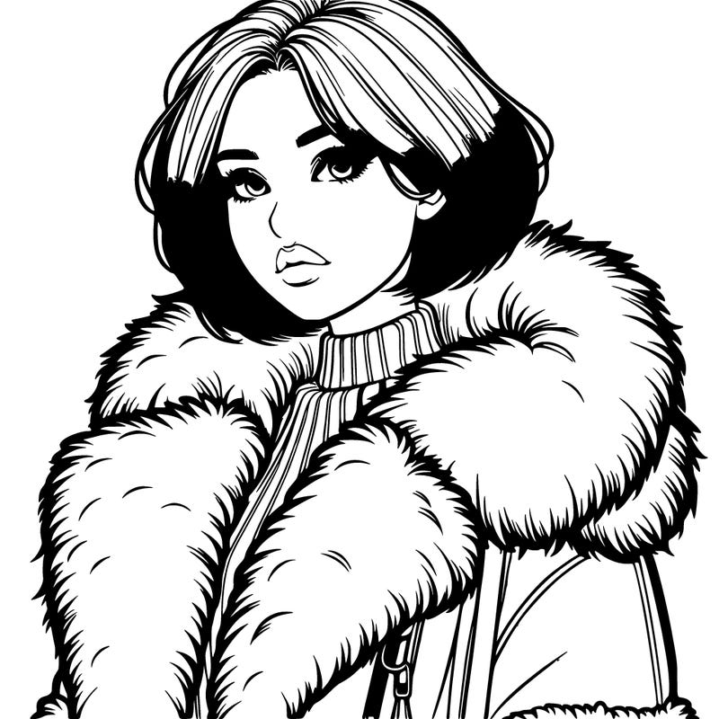 realistic woman with a short bob cut wearing a winter fury coat