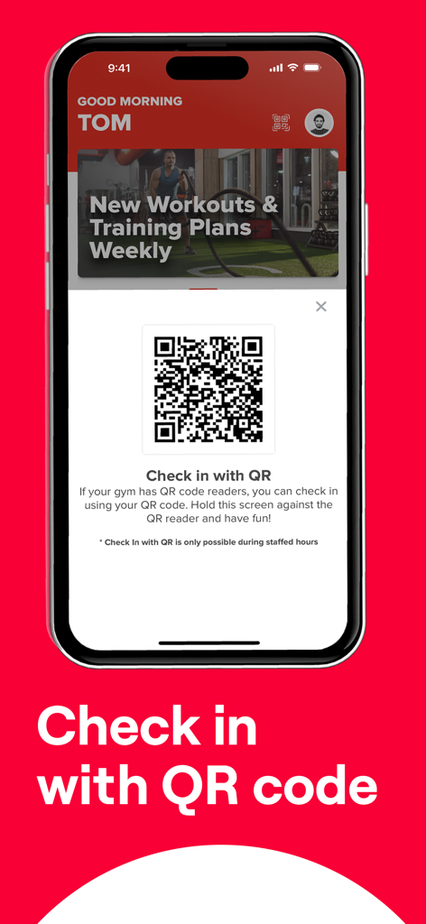 GoodLife Fitness App-Bildschirm zeigt einen digitalen QR-Code für den Zugang zum Fitnessstudio-Check-in
