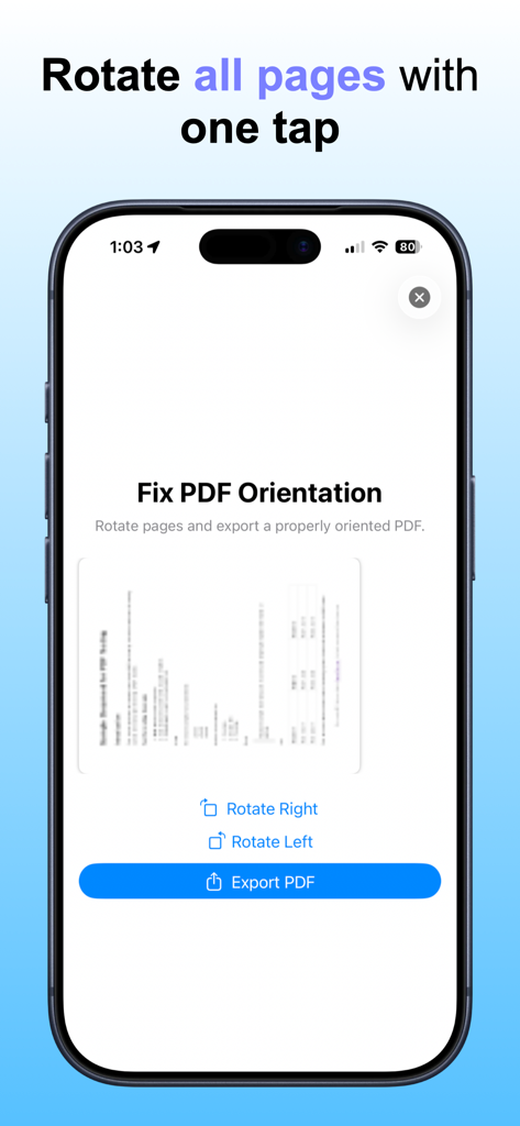 PDF Rotate - Interface do aplicativo Girar PDF mostrando opções para girar todas as páginas do documento e exportar o arquivo.