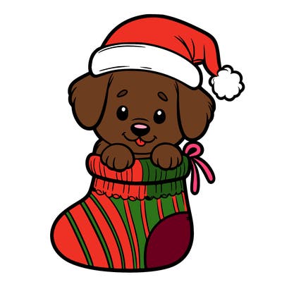 cute puppy wearing santa hat in socking