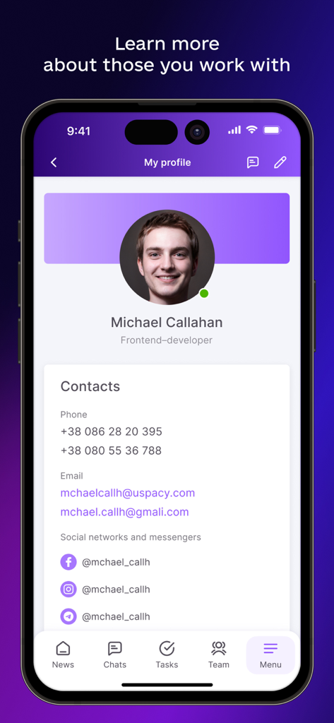 Uspacy app screenshot showing a team member profile with contact details and job title