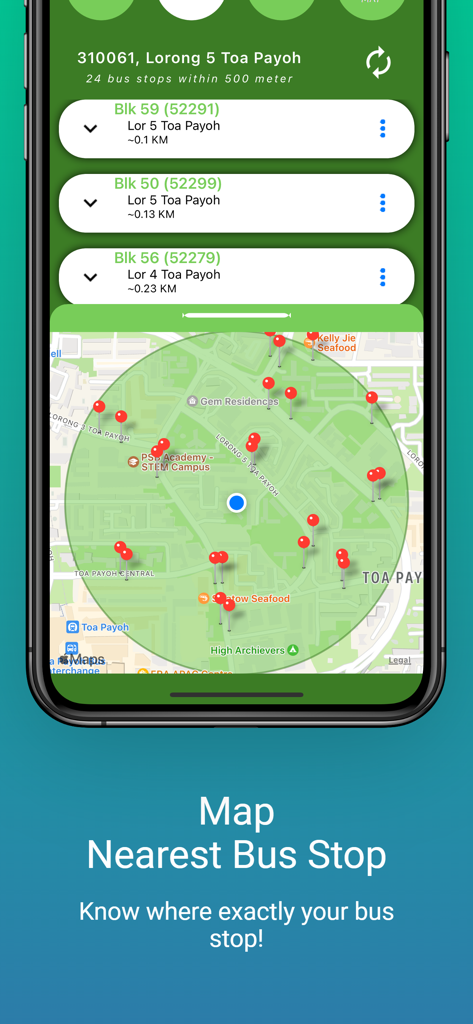 SG Bus (MRT map) - SG Bus app screen displaying a map with nearby bus stops in Singapore and a detailed list of locations
