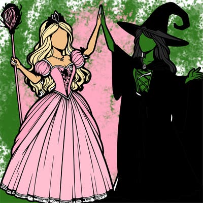 detailed realistic split of a princess and a witch