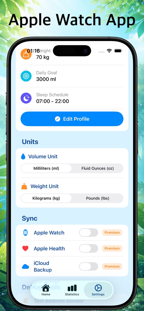 WaterUp app settings screen displaying daily water goal and Apple Watch synchronization options