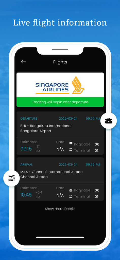 シンガポール航空のライブフライト情報（出発・到着時間を含む）が表示されているモバイルアプリインターフェース