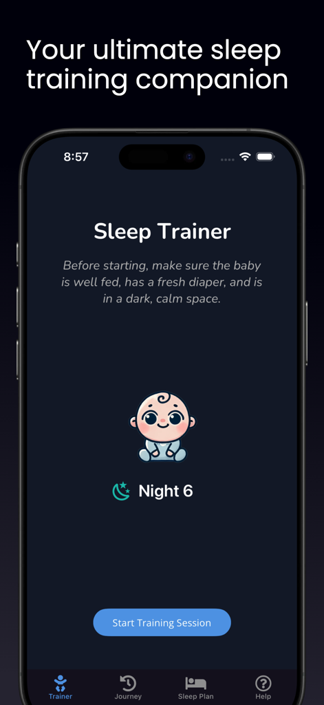 Oona: Baby Sleep Trainer - Home screen of the Oona Baby Sleep Trainer app featuring a button to start a training session and night progress