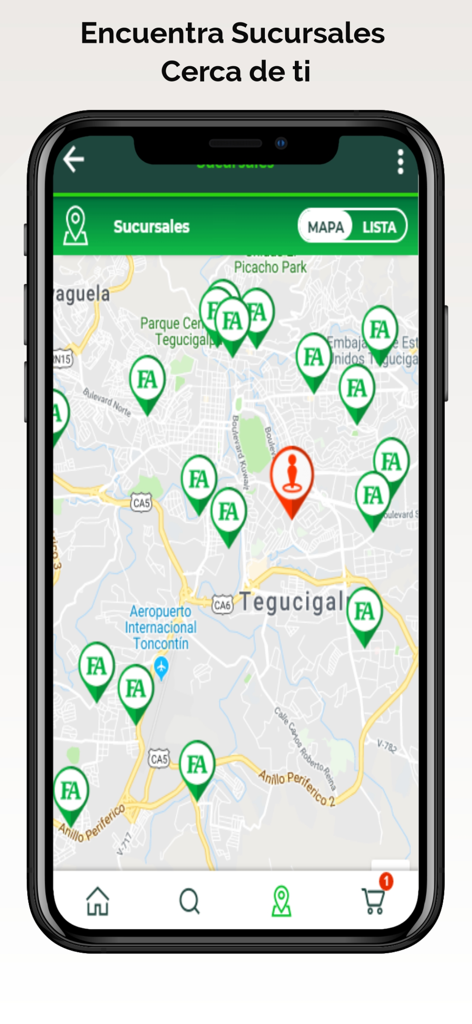 Farmacias del Ahorro Honduras - テグシガルパにある複数のFarmacias del Ahorro支店の場所を示す地図を表示するモバイルアプリ画面。