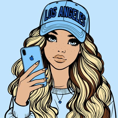 realistic beautiful girl wearing los ángeles cap holding an iphone