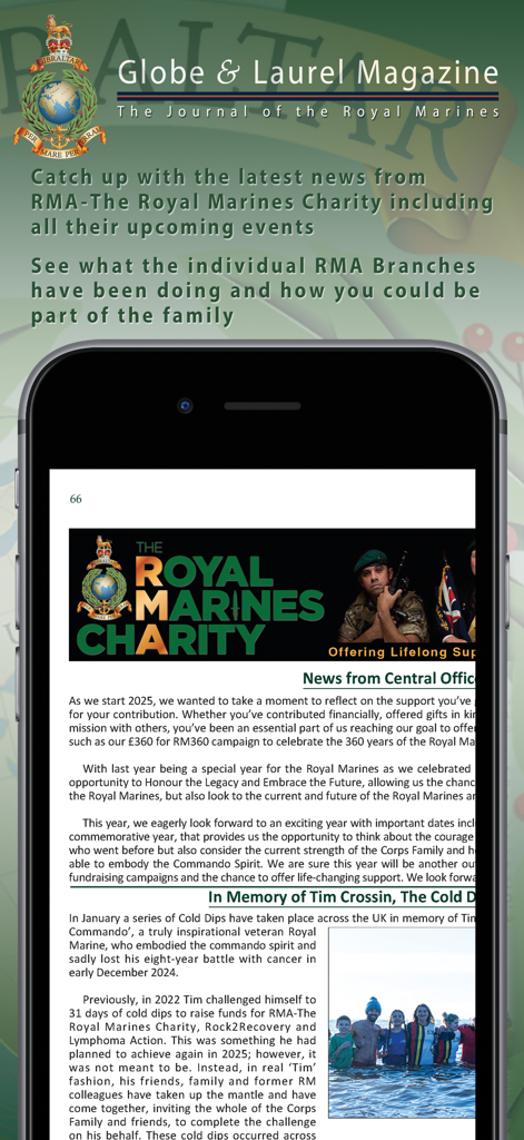 The Globe & Laurel - A smartphone displaying an article from the Globe and Laurel digital magazine about the Royal Marines Charity news and events.