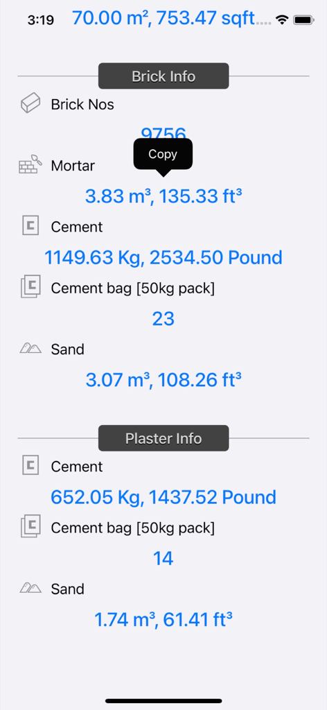 Brick and Plaster Calculator - Screenshot of the Brick and Plaster Calculator app showing detailed material estimates for brick mortar cement and sand in both metric and imperial units.