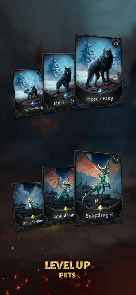 Age of Revenge: Card Based RPG - Screenshot of Age of Revenge showing the level up progression of Fierce Fang and Snapdragon pet cards
