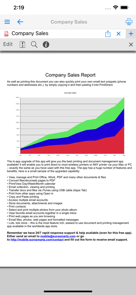 PrintCentral for iPhone - Captura de pantalla de un informe de ventas de la empresa con un gráfico de áreas de colores mostrado en la aplicación PrintCentral para iPhone.