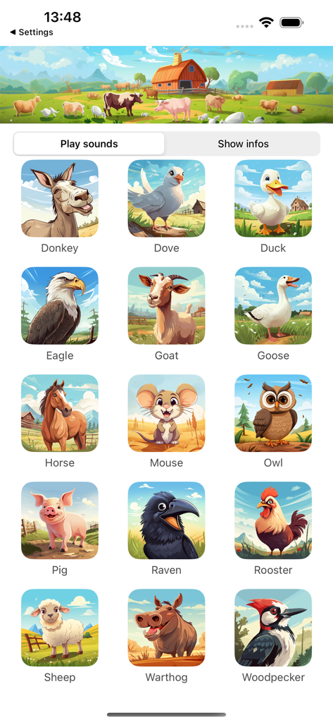 Animal Voices on a Farm - Una cuadrícula de animales ilustrados y sus nombres en la interfaz de la aplicación educativa Voces de Animales en la Granja.