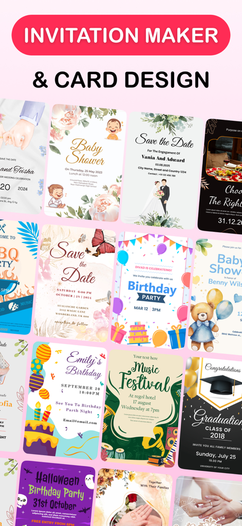 Invitation Maker: RSVP & Cards - A collection of colorful digital invitation templates for birthdays, weddings, baby showers, and seasonal events.