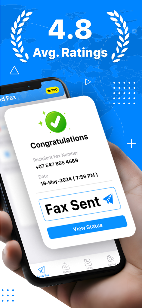 Fax From iPhone :Send iFax App - 送信成功メッセージとユーザー評価4.8星を表示するスマートフォンの画面