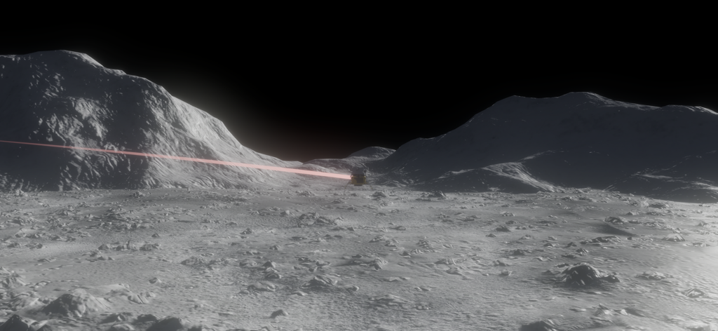 Milky Way: Cosmic Playground - A detailed 3D simulation of a cratered moon surface with a red laser beam.