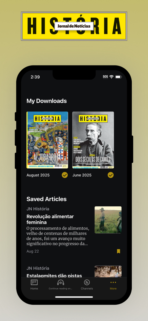 JN História - Interfaz de la aplicación JN Historia mostrando números digitales descargados y artículos históricos guardados