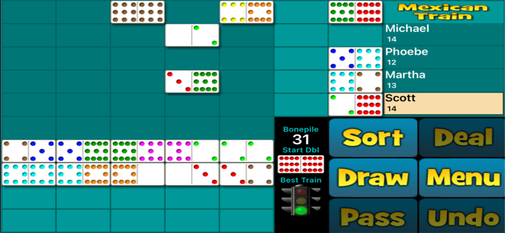 Gameplay screen of Mexican Train Dominoes 2 showing domino tiles on a green grid with game control buttons.