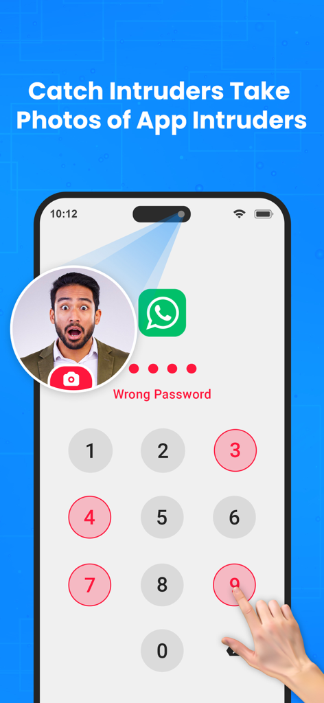 App Lock : Lock Apps - A smartphone interface from the App Lock app showing an intruder's photo being taken after a wrong password entry.