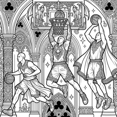 Unleash your creativity with this extraordinary Gothic Basketball coloring page, blending athletic energy with dark elegance. Discover meticulously detailed players set against a backdrop of intricate, ornate architecture, offering a truly unique coloring adventure.