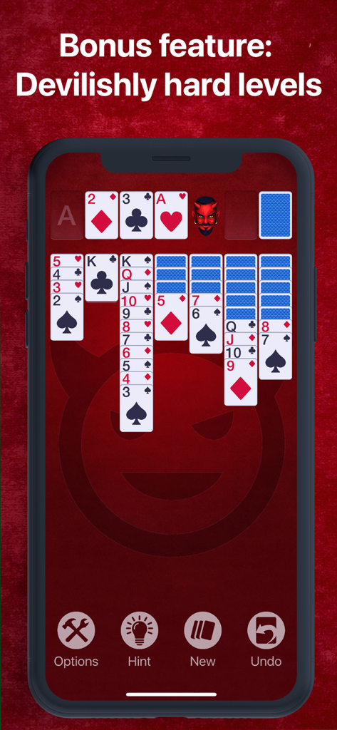 Screenshot des Super Solitaire Kartenspiels, der eine Bonusfunktion mit teuflisch schweren Levels auf rotem Hintergrund zeigt.
