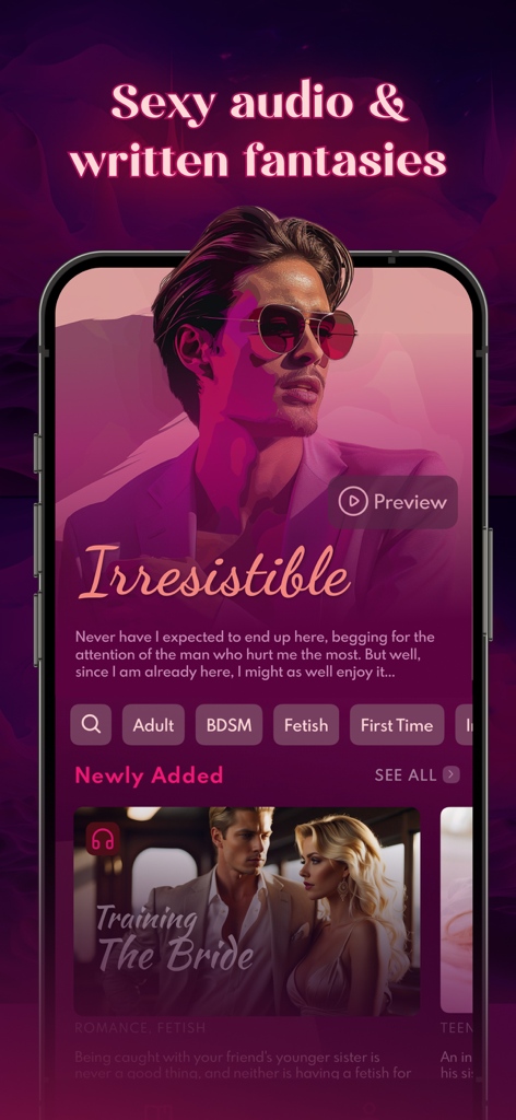 Home screen of the Sensual app featuring erotic audio and written stories with various genre categories