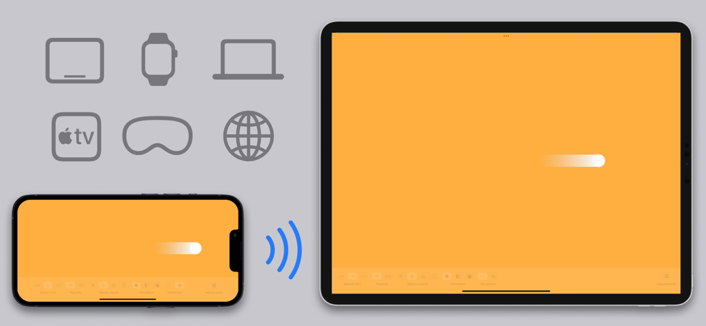 App EMDR che mostra stimolazione bilaterale visiva sincronizzata tra un iPhone e un iPad con icone di supporto multi-dispositivo.