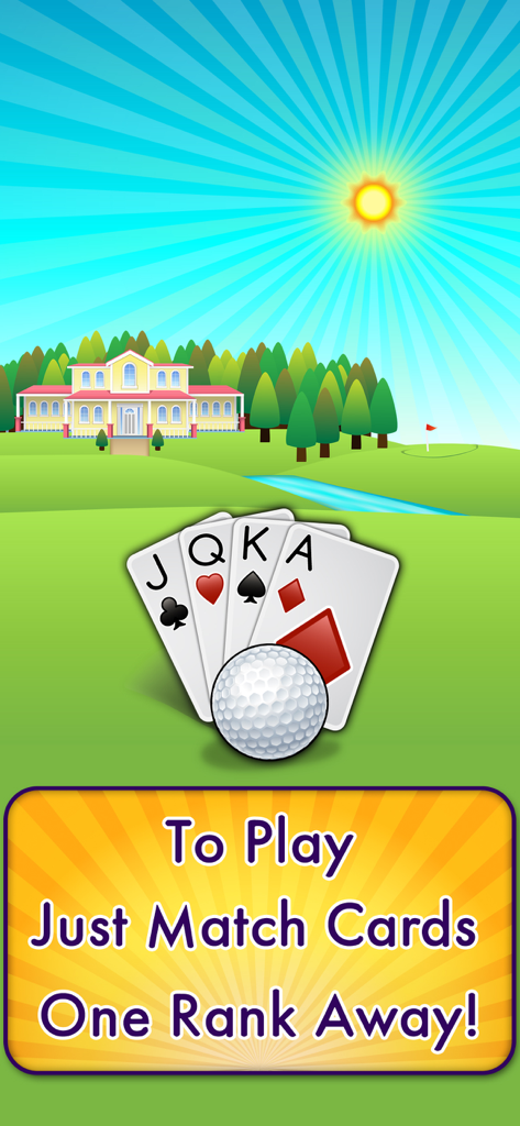 Golf Solitaire Pro! - Capture d'écran de Golf Solitaire Pro montrant les instructions pour associer des cartes d'un rang d'écart sur un fond de parcours de golf ensoleillé.