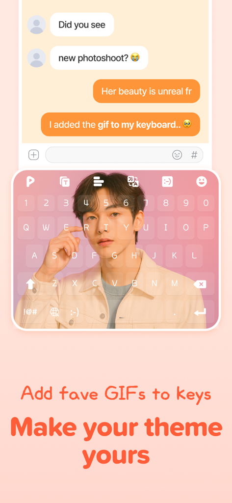 PlayKeyboard - Fonts, Emoji - Teclado móvil personalizable con un fondo de foto de un ídolo de K-pop en una interfaz de chat.