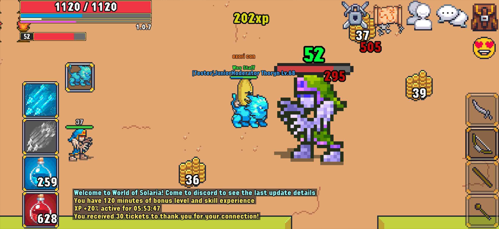 World of Solaria - MMORPG - Gameplay screenshot of World of Solaria MMORPG showing a level 68 character fighting a large monster in a classic 2D pixel art style.