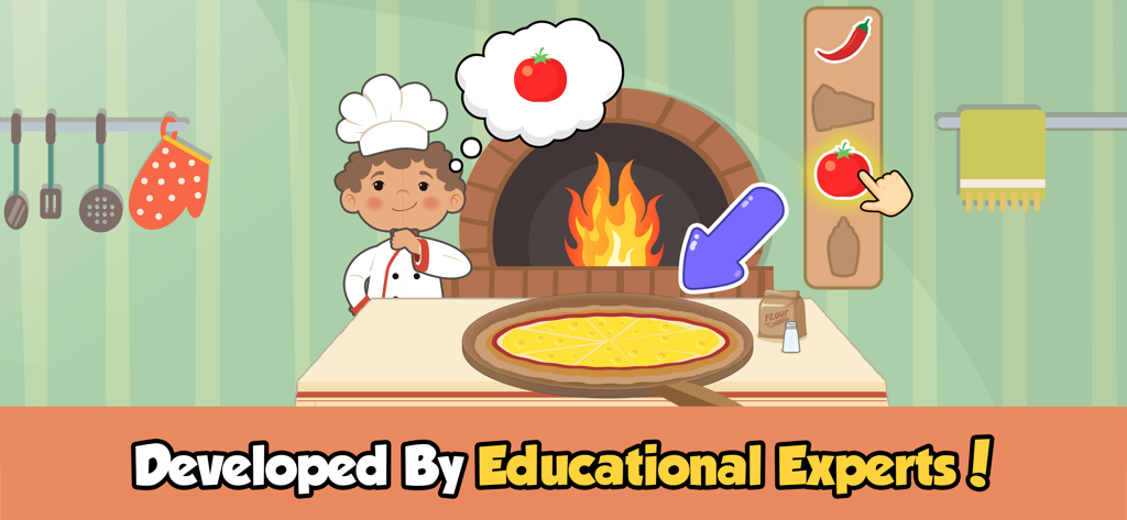 Cartoon child chef making a pizza in a preschool educational game.