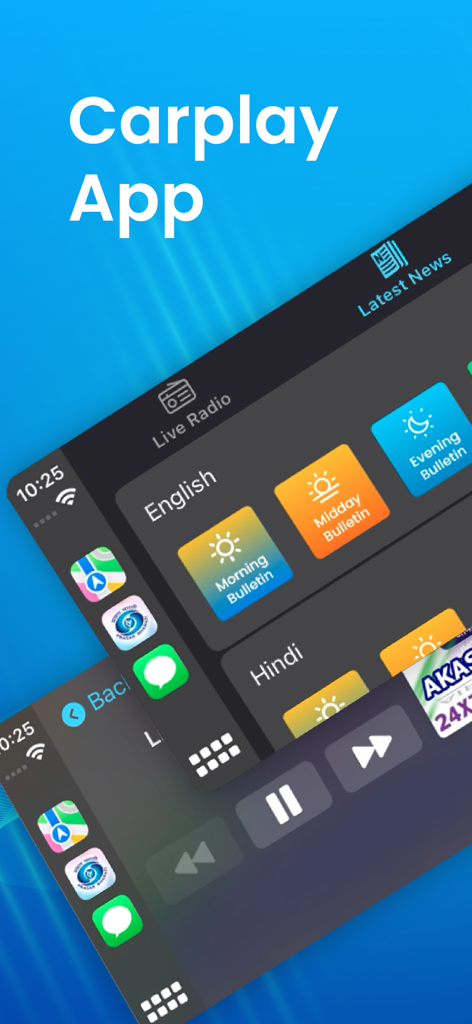 Interfaccia dell'app NewsOnAir su Apple CarPlay che mostra radio in diretta e bollettini di notizie