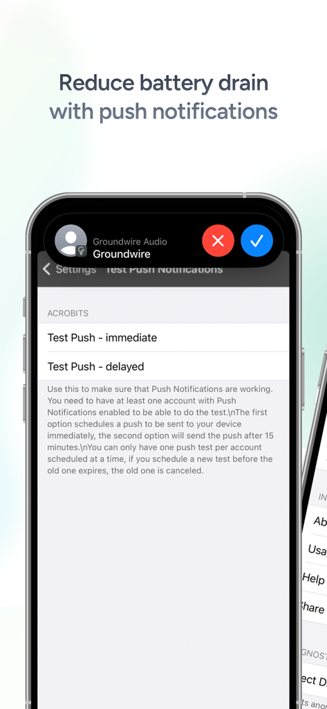 Groundwire: VoIP SIP Softphone - Groundwire SIP softphone screen showing push notification settings to reduce battery drain.
