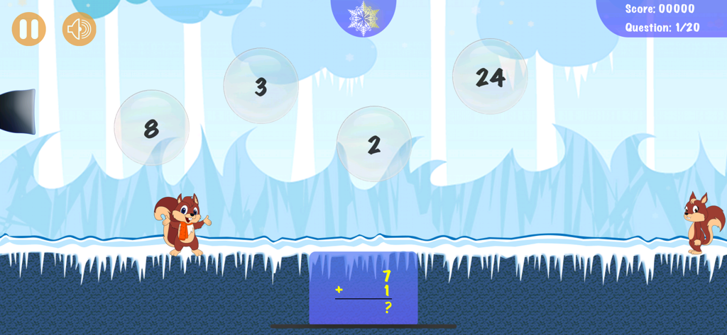 Maths Plus Minus - Arithmetic - Maths Plus Minus 앱의 스크린샷, 겨울 테마와 다람쥐 캐릭터가 있는 덧셈 게임 표시