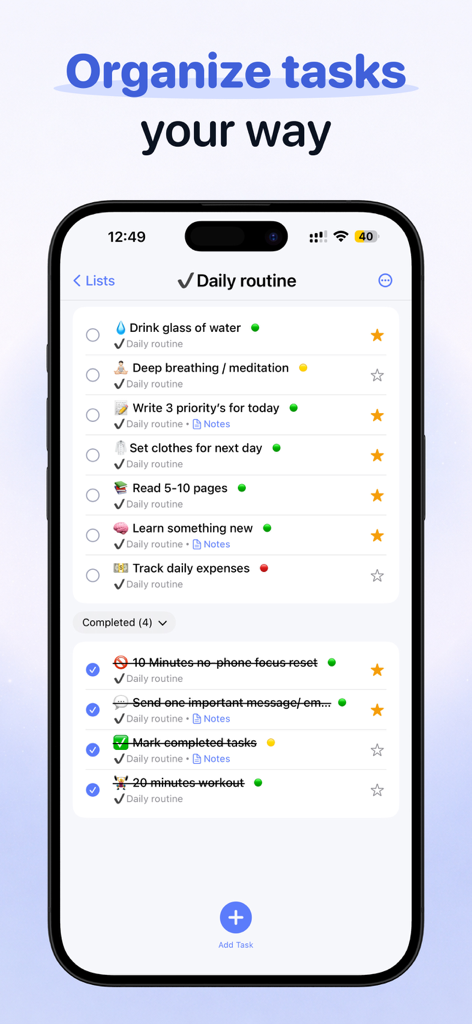 To Do List & Tasks Calendar - To Do List app interface displaying a daily routine with task priorities and completed items