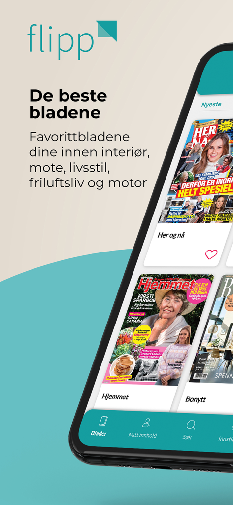 Flipp Norge - Her og NåやHjemmetなどの人気のあるノルウェーの雑誌のデジタルカバーが表示されたフリップ・ノルウェーアプリを示すスマートフォンの画面