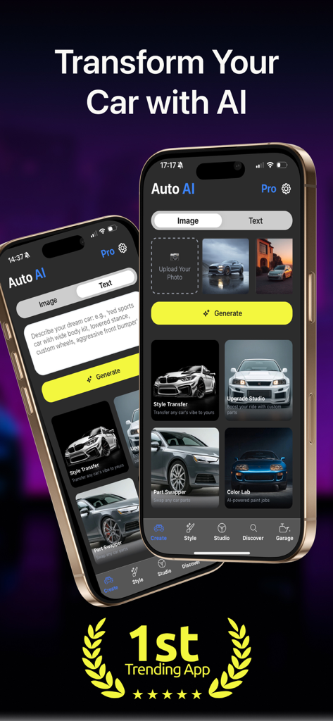 Car Designer: AI Tuning - Interfaz de la aplicación móvil Car Designer AI Tuning que muestra funciones de modificación y personalización de coches
