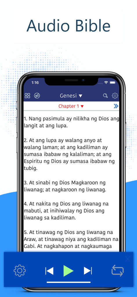 Tagalog Bible Pro (Ang Biblia) - Pantalla de teléfono inteligente que muestra la función de Biblia en audio de la aplicación Tagalog Bible Pro con texto en tagalo del capítulo 1 del Génesis.