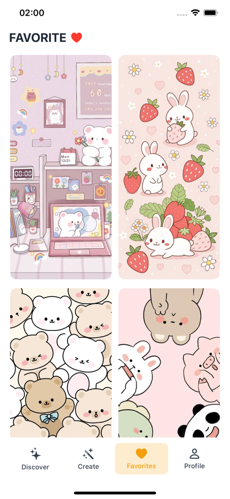 Kawaii Friends Wallpapers - La pantalla de favoritos de la aplicación Fondos de Pantalla Kawaii Friends mostrando una cuadrícula de lindos fondos de animales pastel y habitaciones estéticas