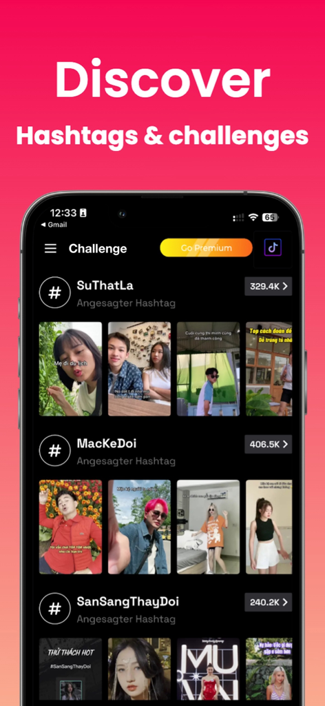 SnapTik app discovery screen showing trending hashtags and video challenges with engagement metrics