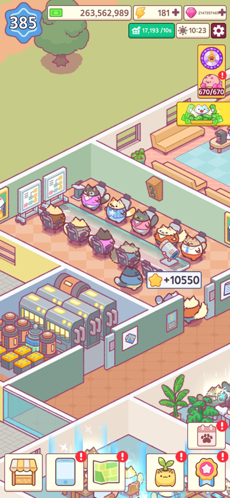 Un piso de oficina ocupado lleno de lindos empleados gatos trabajando en escritorios.