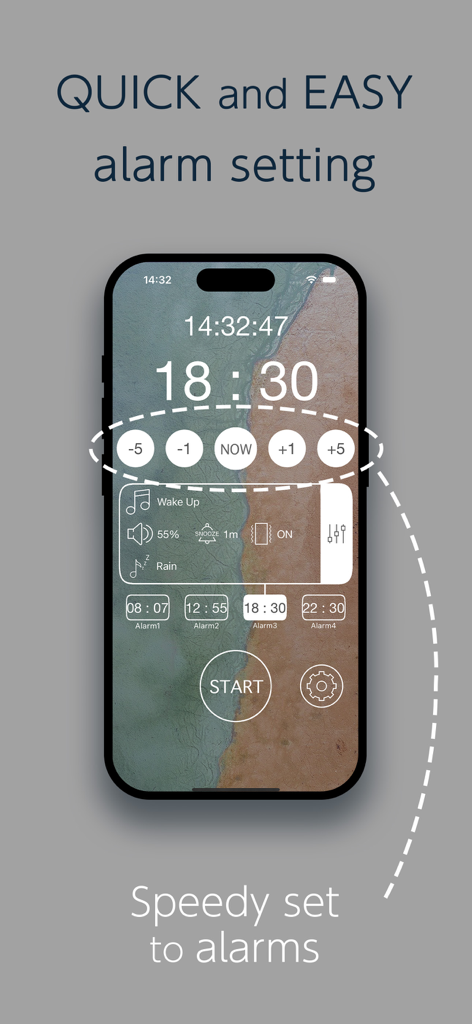 Oberfläche der Kopfhörer-Wecker-App mit Schaltflächen zur schnellen und einfachen Einstellung der Alarmzeit und Voreinstellungen auf einem Smartphone-Bildschirm.