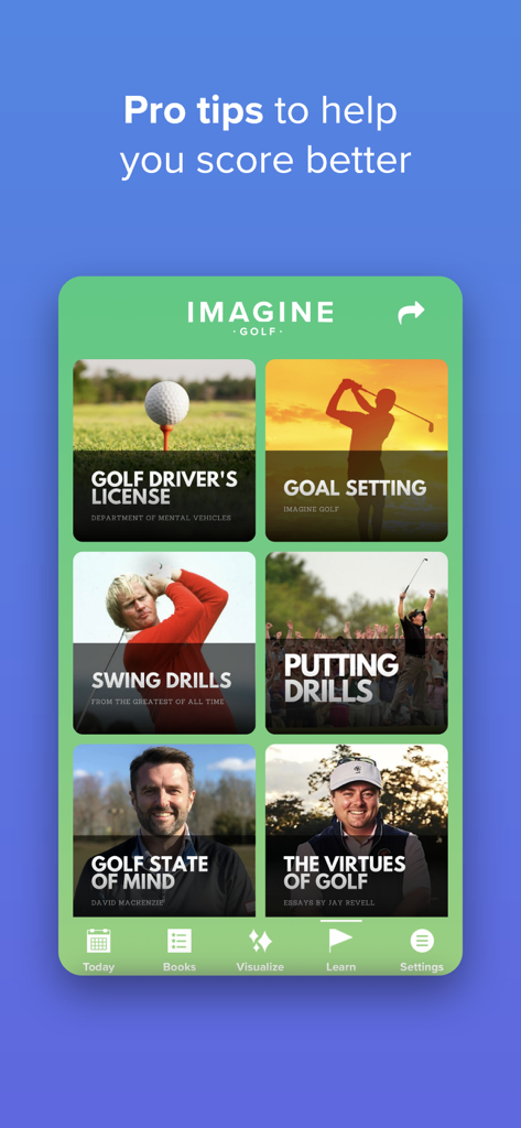 Imagine Golf app dashboard displaying mental game lessons and golf drills