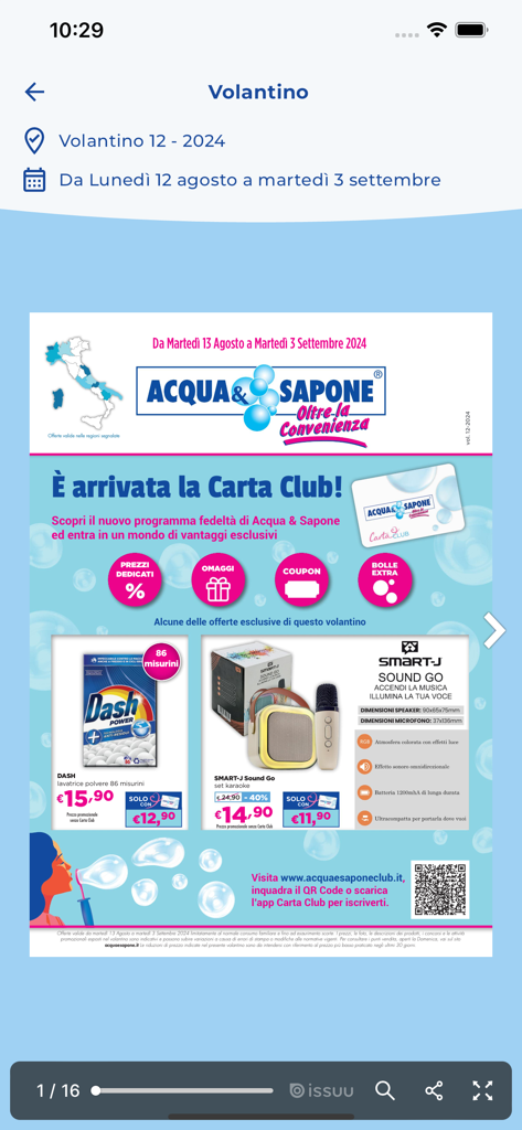 Digitaler Flyer in der Acqua and Sapone App mit exklusiven Mitgliederangeboten und Rabatten.