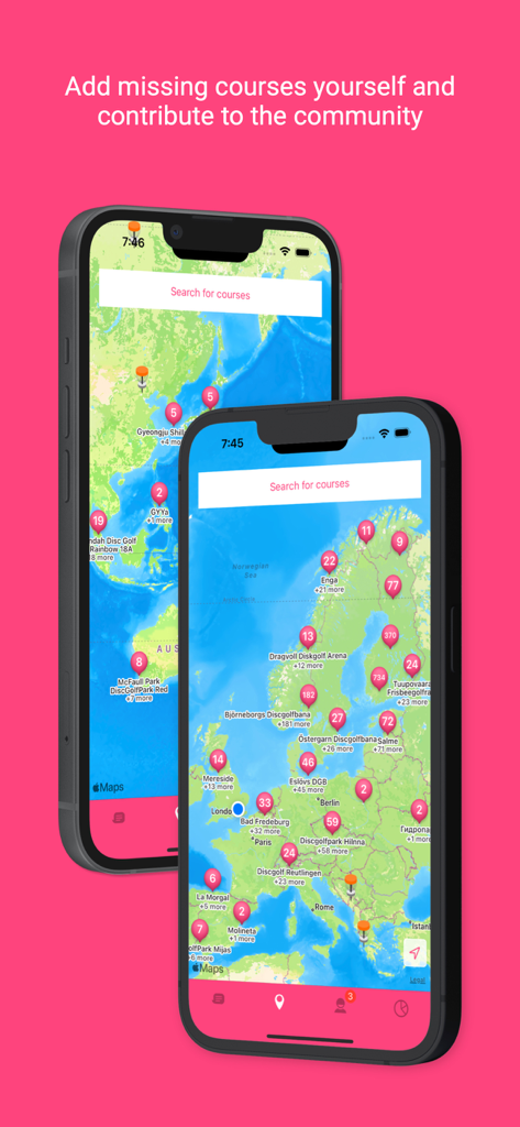 Two mobile phones showing the Upsi Disc Golf global course directory map and community contribution feature.