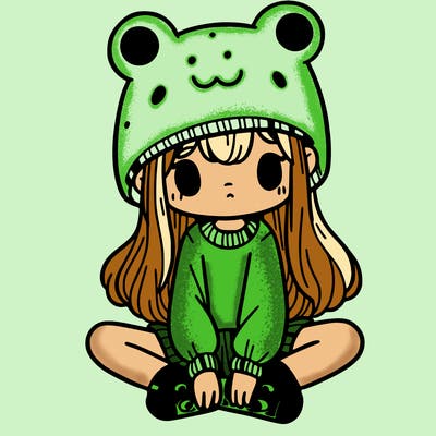 a girl wearing a frog hat and some frog socks