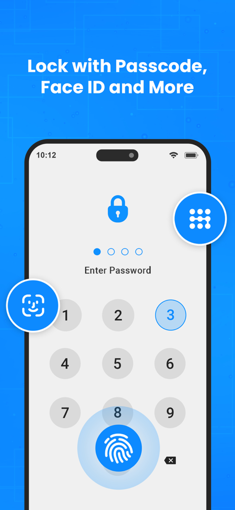 A smartphone interface showing different app security locking methods like passcode Face ID and Touch ID