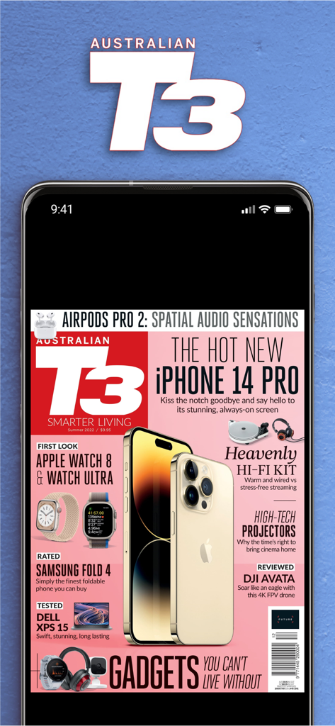 Digital cover of T3 Australia magazine featuring iPhone 14 Pro and premium tech gadgets